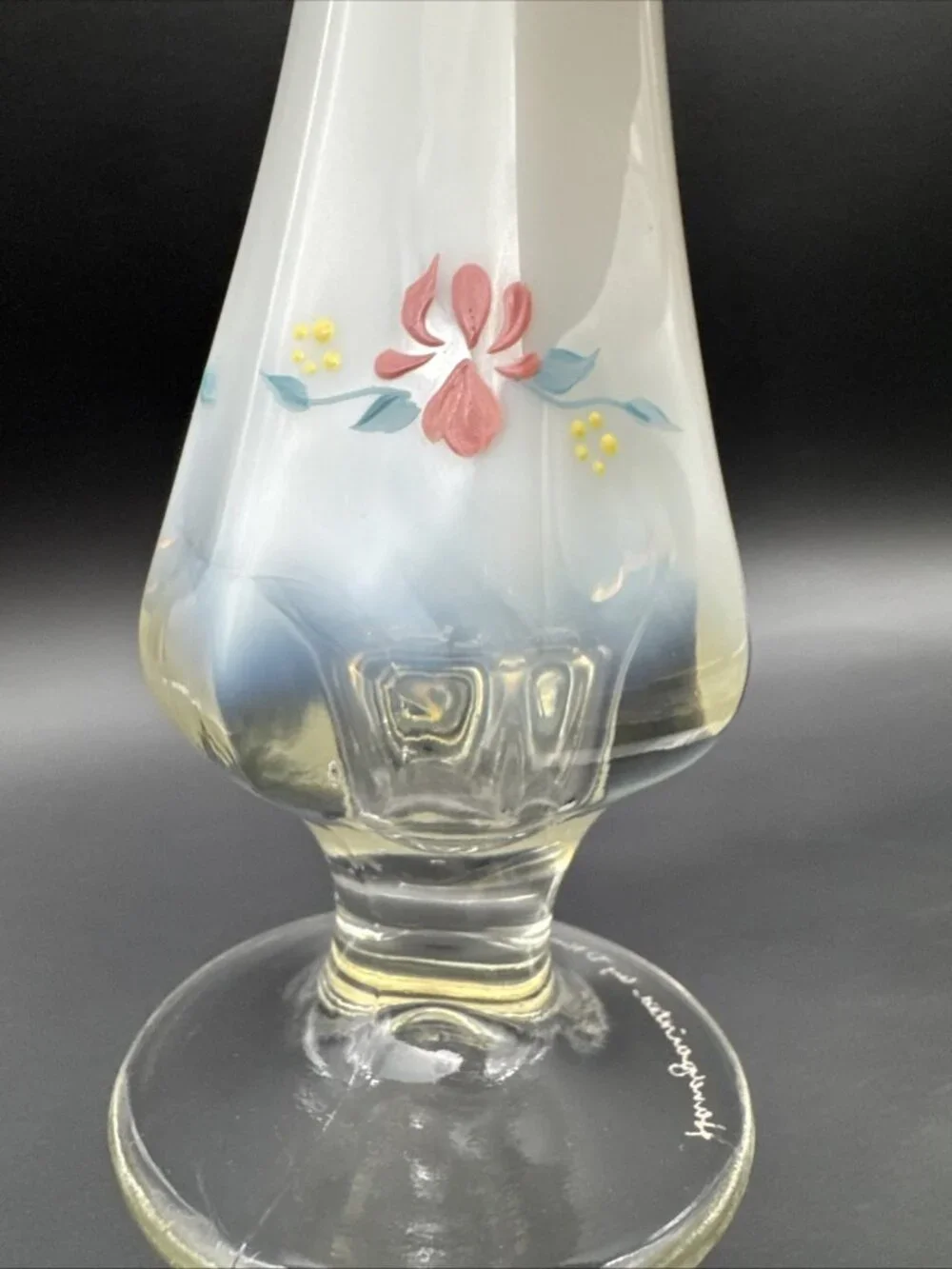 VTG Fenton Glass Opalescent Country Garden Cottage Floral Swung Bud Vase Signed